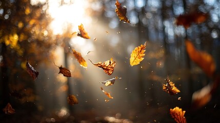 Autumn Leaves Falling in Sunlit Forest &ndash; Golden Fall Season Atmosphere