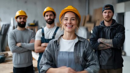 Confident diverse team of skilled workers in construction site wearing safety helmets and displaying teamwork in a lively work environment during daylight hours - Powered by Adobe