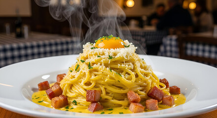Indulge in delicious steaming hot carbonara with egg yolk and crispy pancetta - a classic Italian dish, perfect for restaurant menus and food blogs