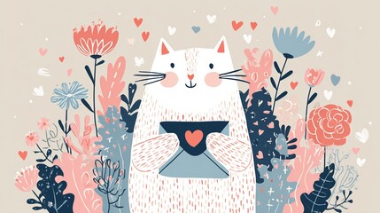 Cute Cat Holding Love Letter Illustration &ndash; Romantic Cute Animal Art, Valentine Cat Drawing