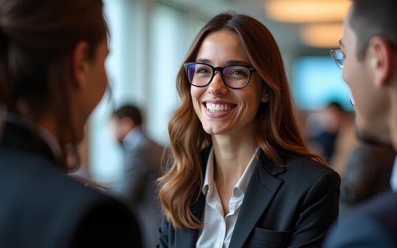 A professional businesswoman with glasses smiles engagingly, actively listening to a colleague during a productive networking session at a business conference or seminar. High quality