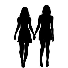 Couple of two lesbian women holding hands, silhouettes on white background