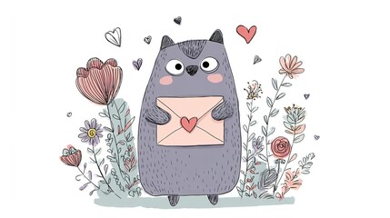 Cute Cat Holding Love Letter Illustration &ndash; Romantic Cute Animal Art, Valentine Cat Drawing