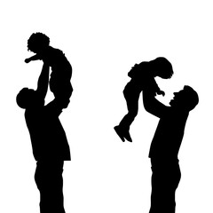 Dads wits kids. Silhouettes of fathers holding their children in their arms raised above their heads