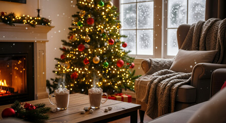 Enjoying hot chocolate by the fire on a cozy winter evening, with snow falling outside and the Christmas tree lights twinkling warmly