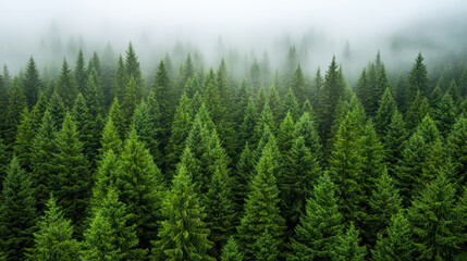 Dense evergreen forest with gentle morning fog creating tranquil green atmosphere
