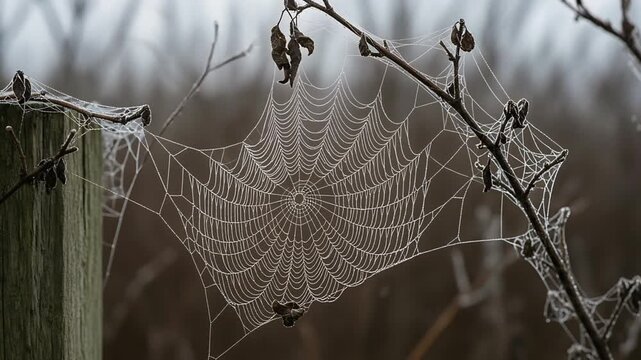 Extreme close-up on a intricate, large cobweb strung between a fence post and a dead bush. The web glistens with dew and vibrates gently in the cold wind