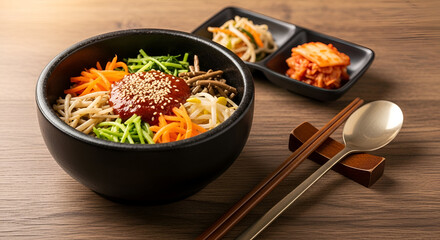 Delicious Korean bibimbap bowl ready to eat, featuring fresh vegetables, spicy sauce, and flavorful kimchi side dishes on a wooden table