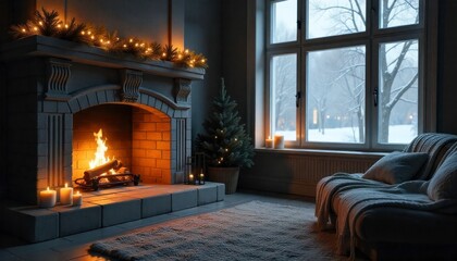 Cozy winter evening by the fireplace, perfect for relaxation and holiday cheer, inviting warmth, and creating memorable moments in a peaceful setting
