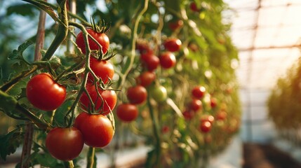 Fresh Ripe Cherry Tomatoes Growing on Vine in Sunlit Greenhouse