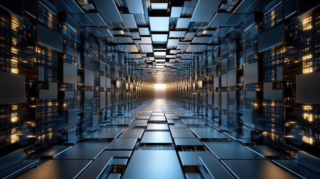 Digital data tunnel metallic corridor glowing light futuristic hallway with reflective panels - Powered by Adobe