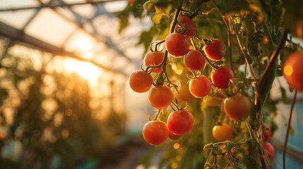 Fresh Ripe Cherry Tomatoes Growing on Vine in Sunlit Greenhouse