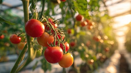 Fresh Ripe Cherry Tomatoes Growing on Vine in Sunlit Greenhouse