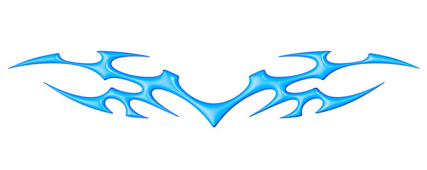 Blue metallic neo tribal shape. Liquid heart sigils and sharp cyber decorative shapes in Y2K style, transparent background
