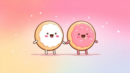 Cute Cartoon Donut Characters Holding Hands on Pastel Background