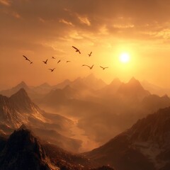 Majestic Golden Sunset Over Mountain Range with Flying Birds &ndash; Scenic Nature Landscape