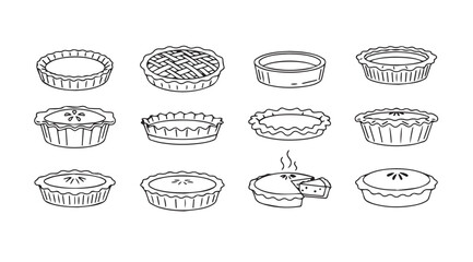 Collection of hand drawn pie and tart outline illustrations silhouette