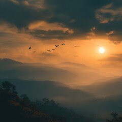 Majestic Golden Sunset Over Mountain Range with Flying Birds &ndash; Scenic Nature Landscape