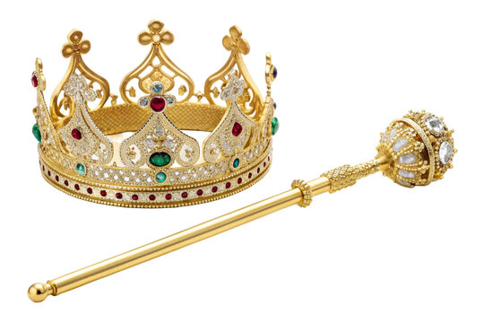 Opulent gold crown and scepter adorned with vibrant gemstones, symbolizing power and royalty, ideal for luxury branding and regal event promotion.