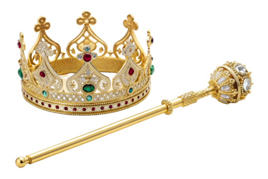 Opulent gold crown and scepter adorned with vibrant gemstones, symbolizing power and royalty, ideal for luxury branding and regal event promotion.