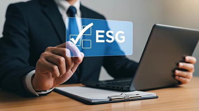 Businessman interacting with ESG concept on a digital screen.