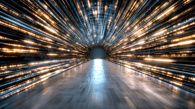 Glowing tunnel corridor futuristic light streaks leading to illuminated opening