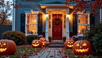 Obraz premium Spooky Halloween decorations with glowing jack-o'-lanterns in front of a cozy house