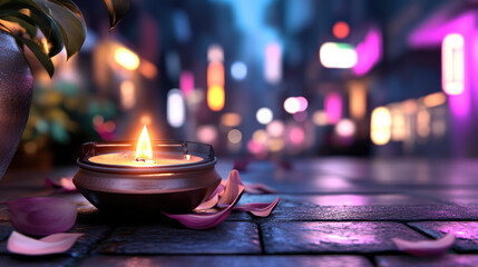 Lohri festival celebration featuring a glowing candle with futuristic neon rings and stylized palm leaves, creating a vibrant, mystical ambiance for traditional themes and ceremonies