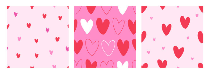 Heart patterns set for Valentine day. Seamless endless backgrounds, repeating prints, textures with cute romantic love in doodle style. Flat vector illustration for wrapping, textile, fabric design