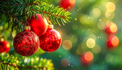 Vibrant Christmas Background: Detailed View of Four Red Ornaments with Glitter and Green Fir Branches. Holiday Macro Shot.