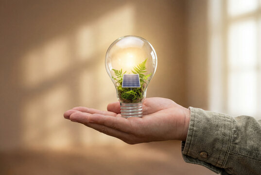 Hand holding a glowing light bulb with fern and moss inside, small solar panel symbolizing renewable energy and sustainability concept in soft indoor light for eco innovation and green ideas