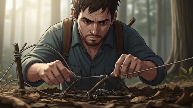 Man setting up a snare trap in the forest.