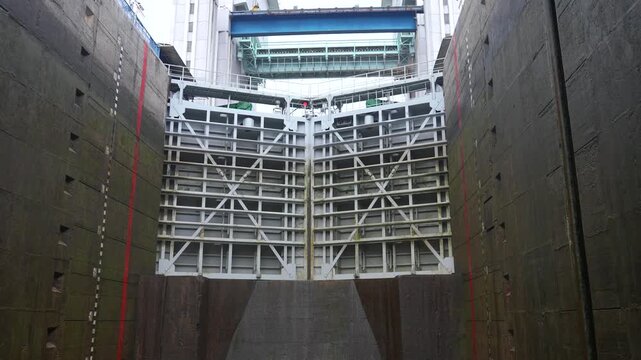 Ship Lock Gates at Gezhouba Dam, Three Gorges, Yichang, Hubei, China - Industrial Water Transportation Infrastructure