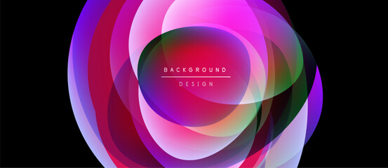 Fototapeta premium Abstract colorful layers create dynamic oval shape. Pink, purple, green hues blend, forming modern background design.