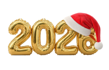 Golden 2026 Balloons with Santa Hat isolated on a transparent background