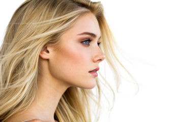 Profile portrait of a serious young woman with long blonde hair blowing in the wind for cosmetology product endorsement and professional corporate messaging