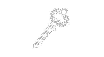 Intricate line drawing of a vintage key with ornate circular bow design