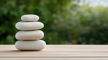 Stacked pebble stones on wooden table evoking calm and balanced outdoor wellness scene
