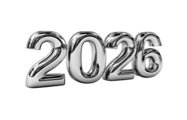 Shiny Chrome Numbers 2026 isolated on a transparent background