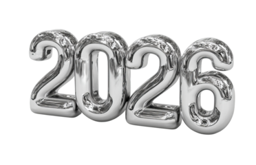 Silver 3 D Rendered Numbers 2026 isolated on a transparent background