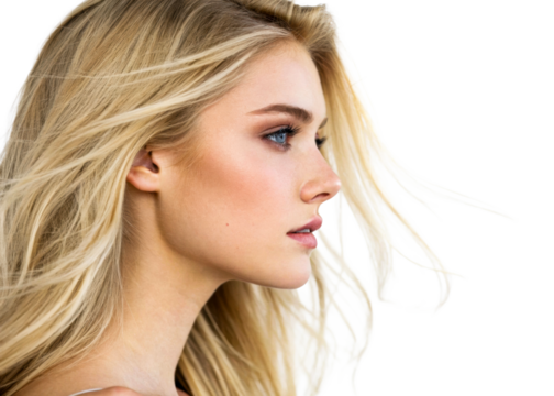 Profile portrait of a serious young woman with long blonde hair blowing in the wind for cosmetology product endorsement and professional corporate messaging - Powered by Adobe