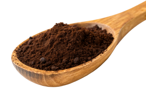 Wooden spoon filled with dark ground coffee ready for brewing, capturing the essence of morning rituals and culinary preparation, perfect for food blogs and beverage advertising.