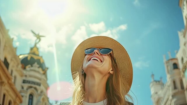 A woman in a straw hat and sunglasses smiles as she walks down the street