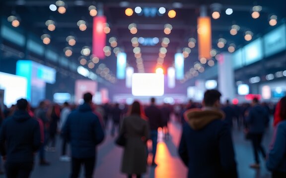 Blurred view of people in a convention center with bright lights and modern architecture in the background. High quality