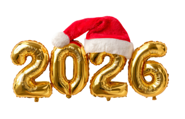 Gold Number Balloons 2026 with Santa Hat isolated on a transparent background 