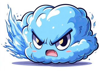 Angry cloud cartoon character with water jet
