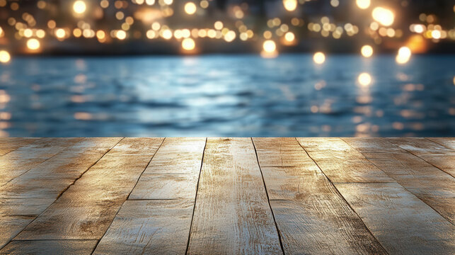 Evening lights skyline on water surface blank center wooden plank foreground with warm reflection