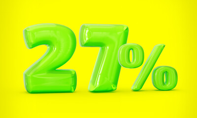 Green jelly digit 27% or Twenty seven percent isolated on yellow background. 3d illustration