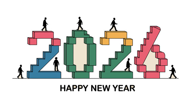 New Year's Ascent:  A conceptual depiction of the upcoming year, '2026', with miniature figures navigating the architectural structures symbolizing progress and the journey into the future.