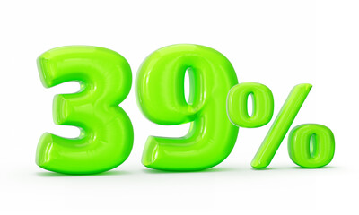 Green jelly digit 39% or Thirty nine percent isolated on white background. 3d illustration